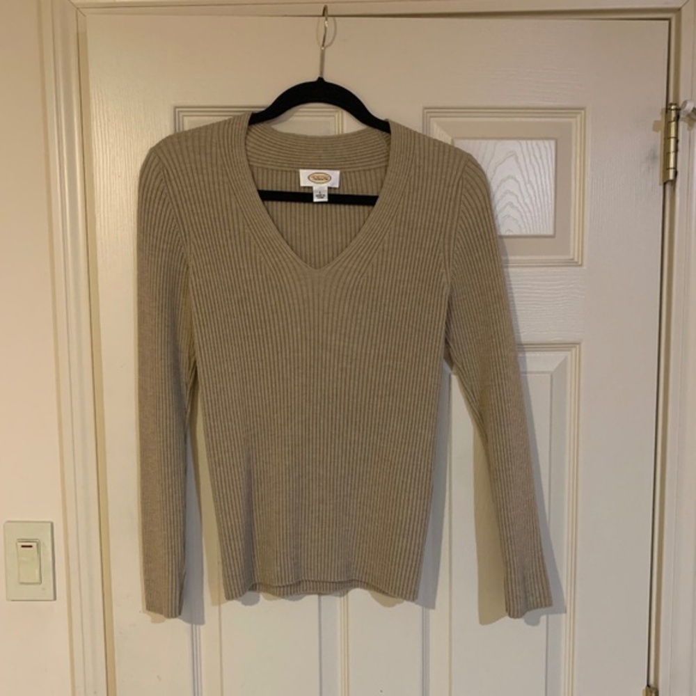 Talbots Tan V-neck Ribbed Sweater sz L